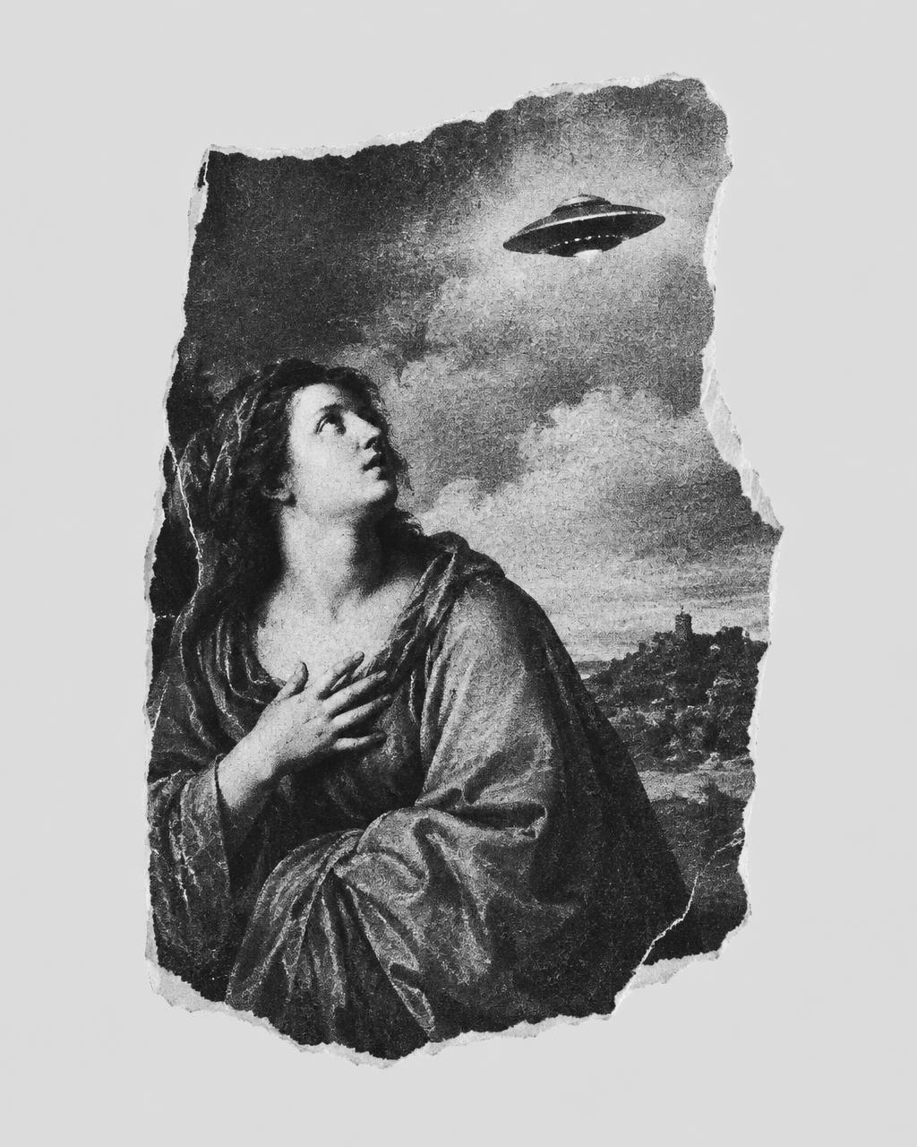 Renesansowa postać patrząca na UFO